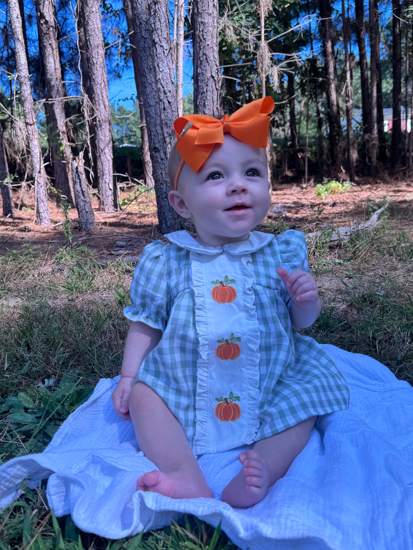 Fall Halloween & Thanksgiving Applique Plaid Girls Bloomers Romper Set