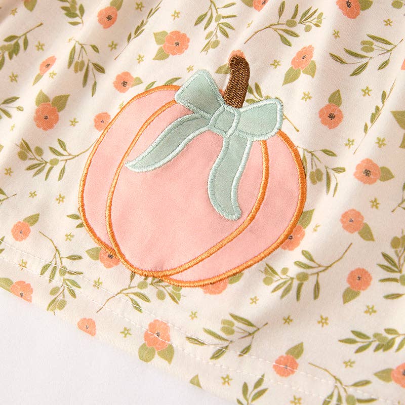 Girls Fall Halloween Pumpkin Applique Long Sleeves Floral Pant Set