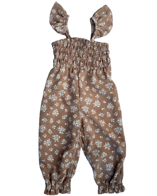 Paisley Smocked Ruffle Jumpsuit - Light Khaki Floral
