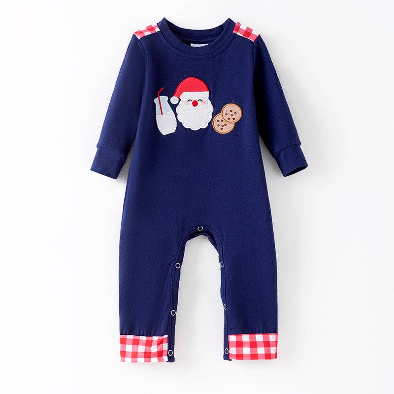 Baby Boys Blue Christmas Milk Santa Cookies Embroidery Romper