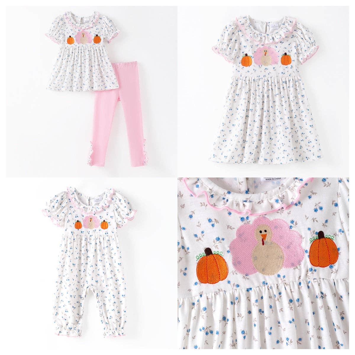Thanksgiving Sibling Matching Outfits – Turkey Pumpkin Embroidered Collection
