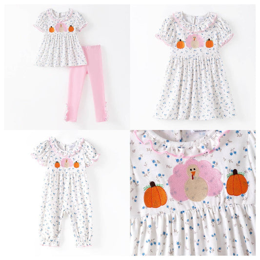 Thanksgiving Sibling Matching Outfits – Turkey Pumpkin Embroidered Collection