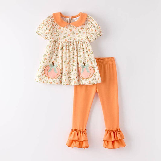 Girls Fall Halloween Pumpkin Applique Long Sleeves Floral Pant Set
