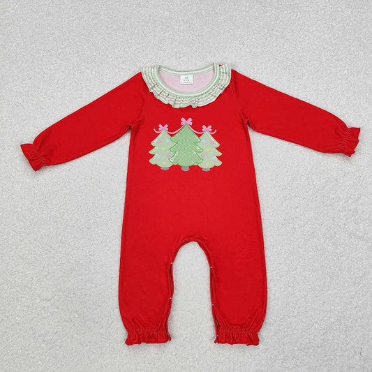 Baby Infant Girls Red Christmas Trees Long Sleeve Rompers